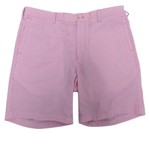 Peter Millar Mens Featherweight Pinstripe Shorts Pink and White Size 35 Crown - Picture 1 of 8